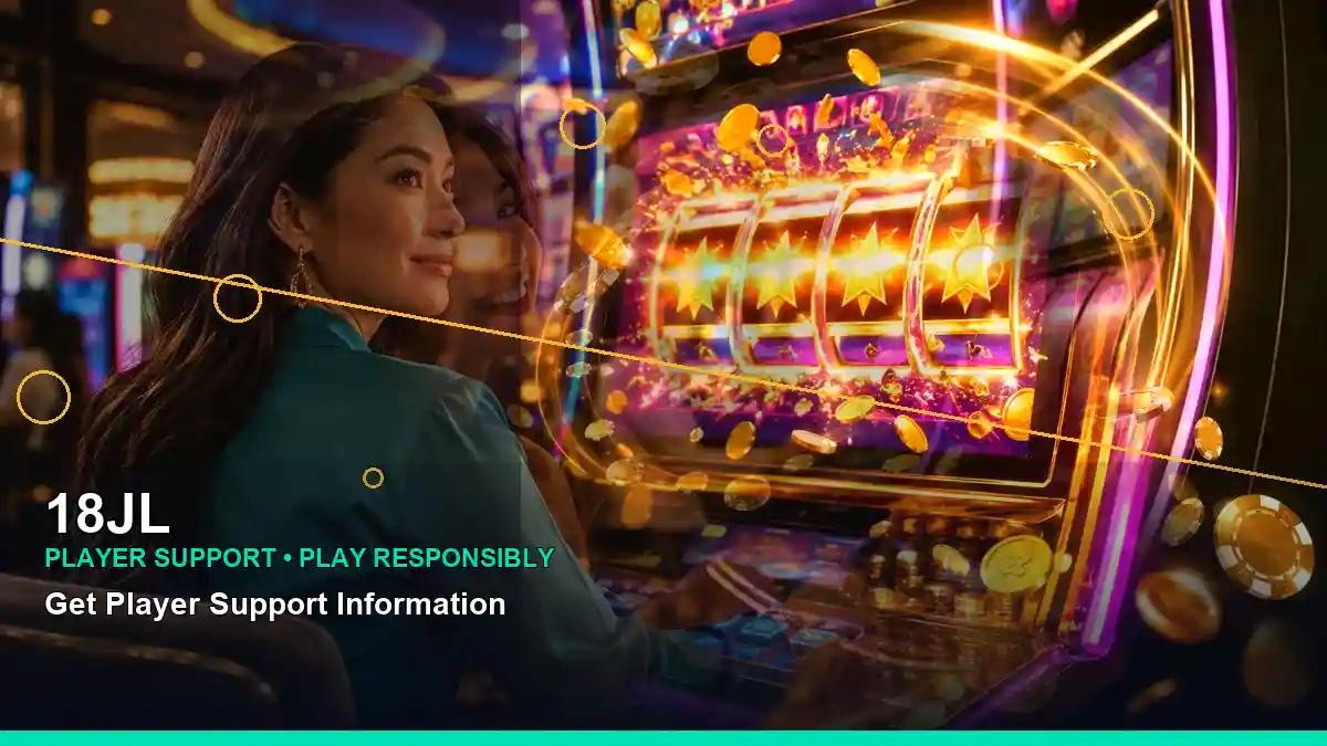 18JL gold-themed jackpot slot games with an adult Filipina casino host in a diagonal composition