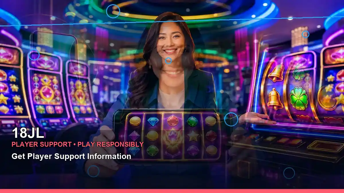 18JL mobile casino app interface with an adult Filipina casino host in a centred layout